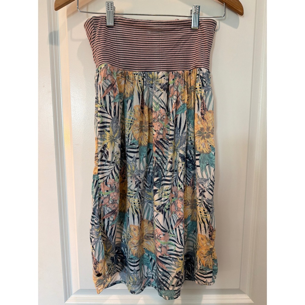 Roxy Womens Y2K Strapless Tropical Floral Striped Mini Dress Pink Blue Small